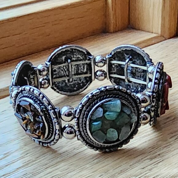 Vintage Mixed Stone Chips Stretch Silver Tone Bracelet - Picture 6 of 16